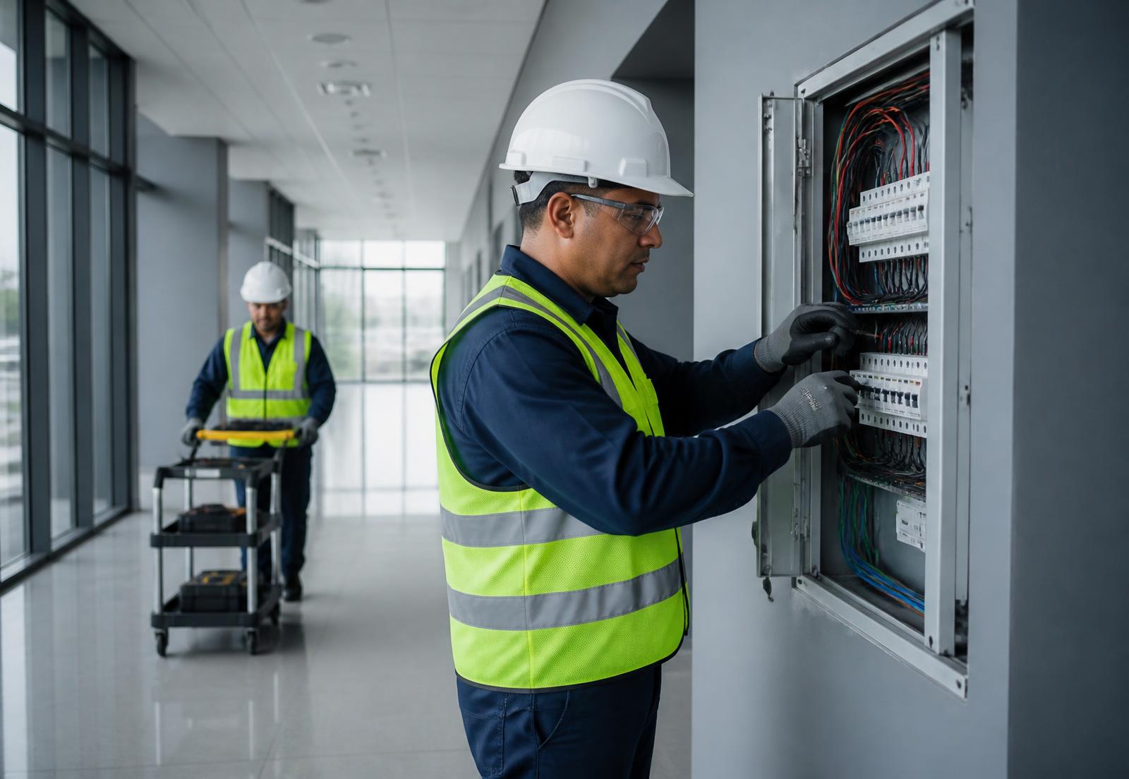 Equipe técnica realizando manutenção elétrica em edifício corporativo